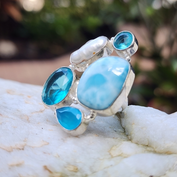 Silver 925 Ring Genuine Blue Larimar Chalc dony Stone Boho Unique Jewelry